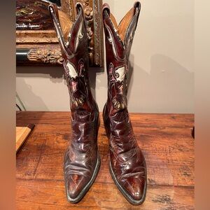 Classic Texas Brand Maroon Western Boots with Embroidered Eagle Flame Details